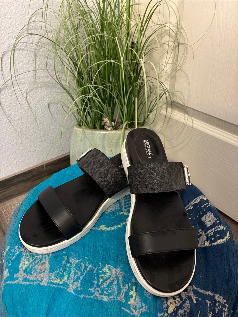 Michael Kors Black and White Two-Stripe Logo Slide Sandals